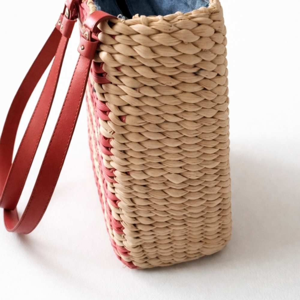 American Flag Straw Tote Bag Woven Patriotic Red White Blue Summer Beach Market - Picture 9 of 9